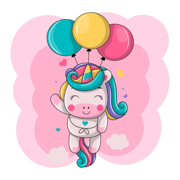 Lindo unicornio flotando con ilustración de icono de dibujos animados de globo