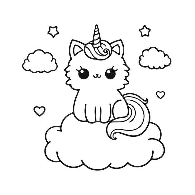 un lindo unicornio gato dibujado a mano página de colorear ilustración vectorial