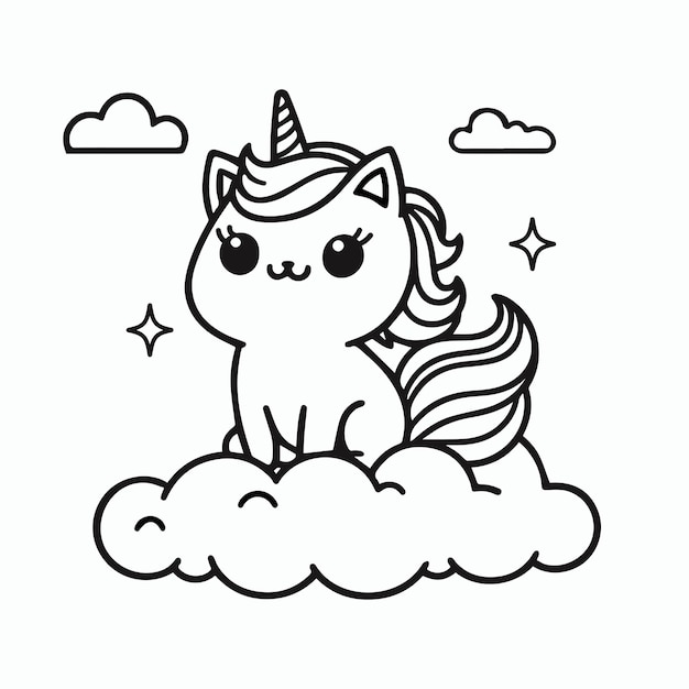 un lindo unicornio gato dibujado a mano página de colorear ilustración vectorial