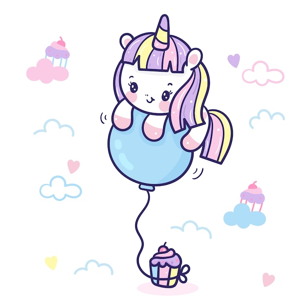 Lindo unicornio con globo estilo kawaii de dibujos animados