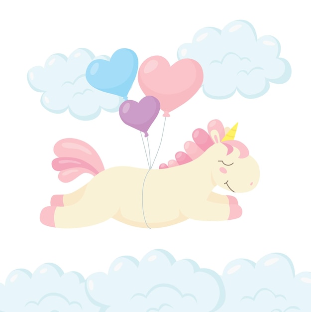 Lindo unicornio con globos en forma de corazón volando sobre las nubes