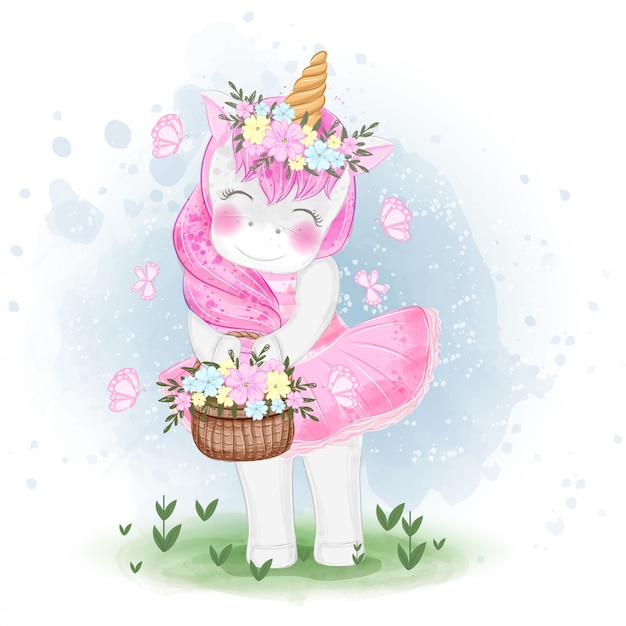 Lindo unicornio con ilustración de canasta de flores