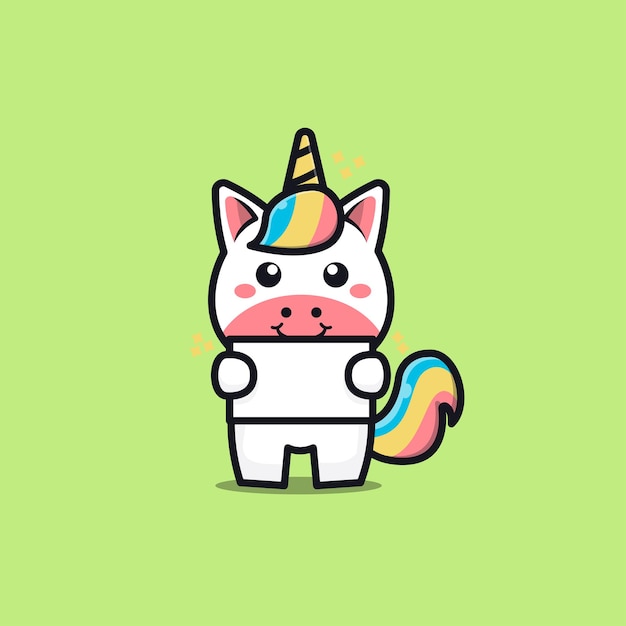 Lindo unicornio con ilustración de dibujos animados de texto en blanco