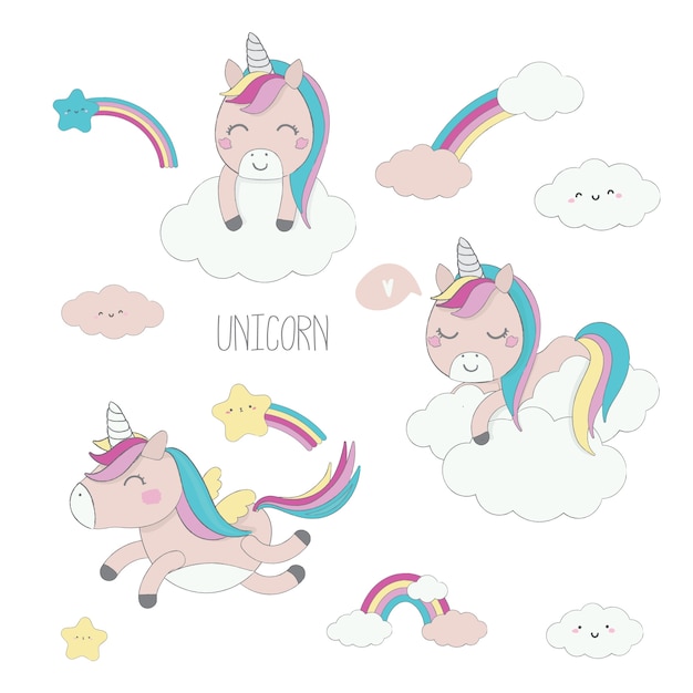 Lindo unicornio ilustración de personaje de dibujos animados de vector.