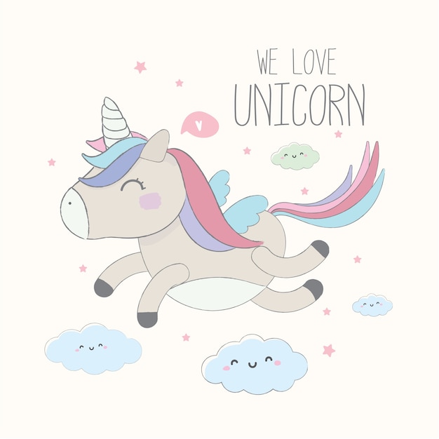 Lindo unicornio ilustración de personaje de dibujos animados de vector.