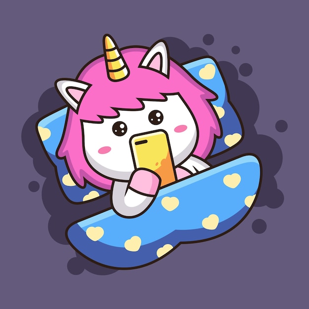 Lindo unicornio jugando dibujos animados de teléfono. Ilustración animal, aislado sobre fondo morado