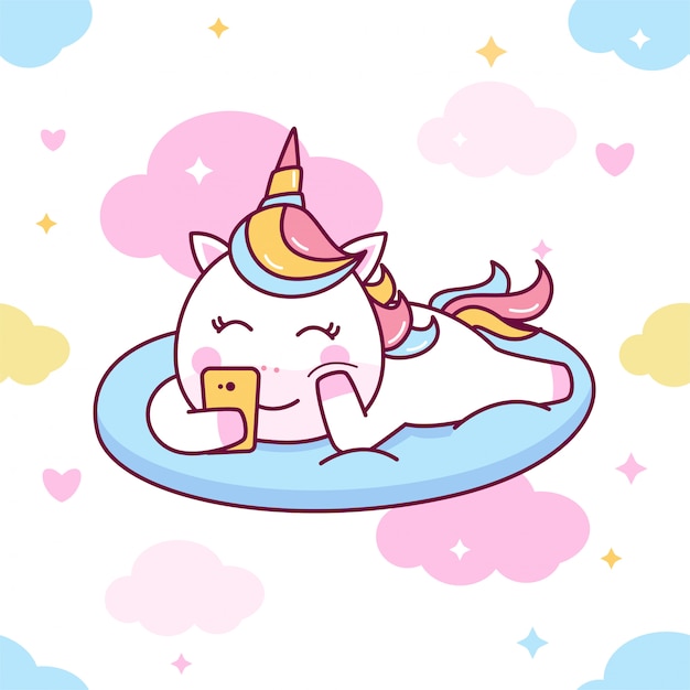 Lindo Unicornio Jugando Smartphone Patrones Sin Fisuras