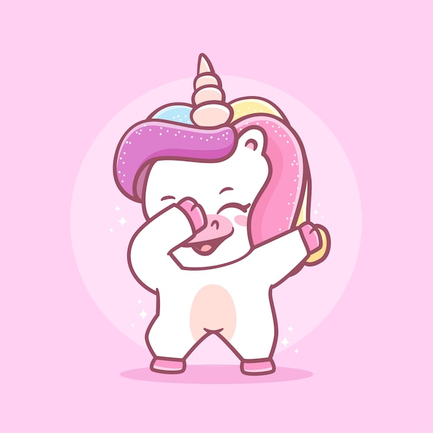 Lindo unicornio kawaii haciendo un personaje de mascota de baile dabbing