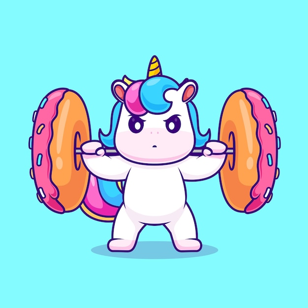 Vector lindo unicornio levantando donut barbell dibujos animados vector icono ilustración animal deporte icono plano aislado