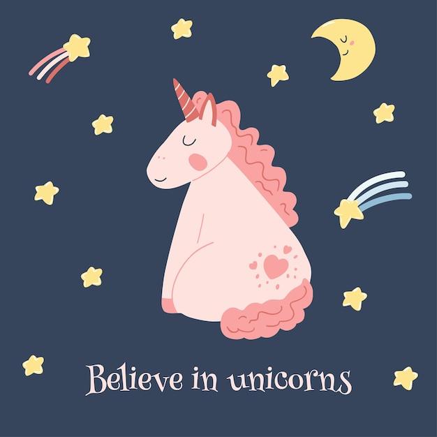 Lindo unicornio con luna kawaii y estrellas fugaces en estilo plano de dibujos animados Ilustración vectorial de caballo bebé pony animal en color rosa para tela impresa ropa niños tarjeta de diseño textil