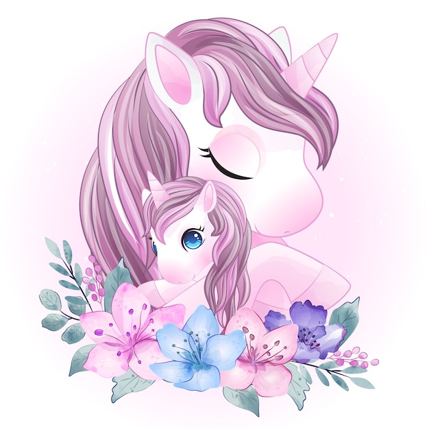 Lindo unicornio madre y bebé