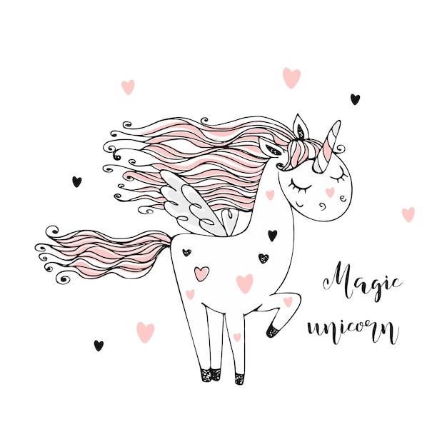 Lindo unicornio mágico con alas. Monocromo.