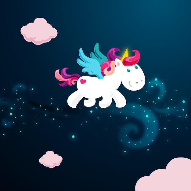 Vector lindo unicornio mágico en el cielo