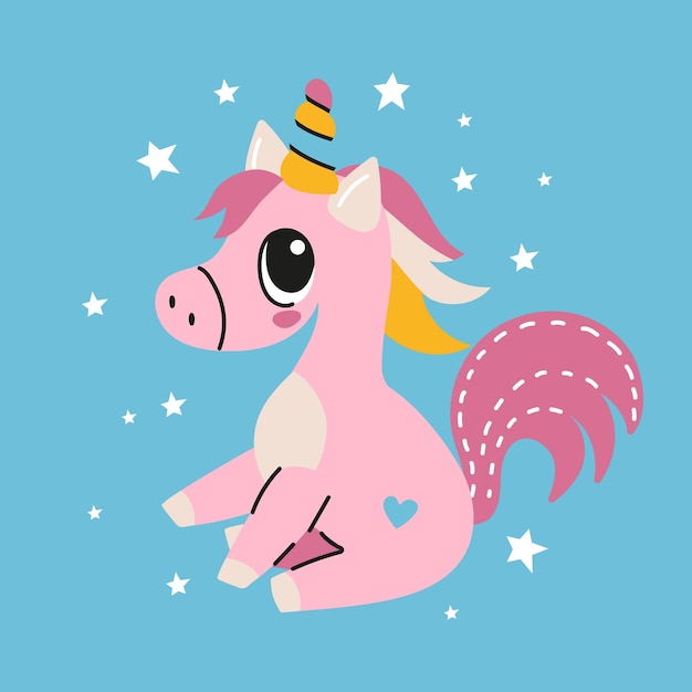 Lindo unicornio mágico de dibujos animados en un fondo azul Diseño vectorial Ilustración de dibujo a mano para niño