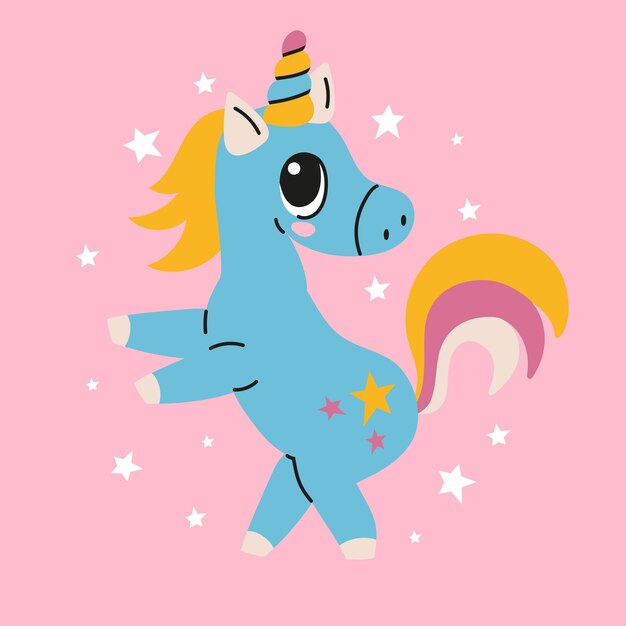Lindo unicornio mágico de dibujos animados en un fondo rosado Diseño vectorial Ilustración de dibujo a mano para niño