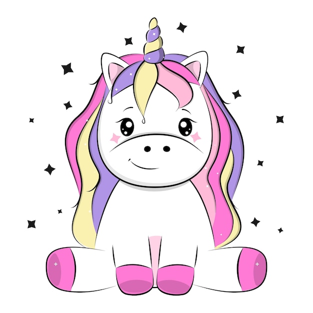 Lindo unicornio mágico de dibujos animados para niños. Vector.