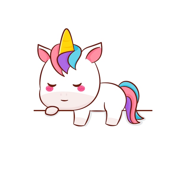 Lindo unicornio mágico duerme sobre el vector de dibujos animados de tablero vacío. poni de dibujos animados de animales kawaii.