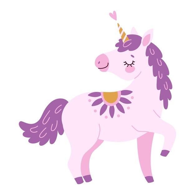 Lindo unicornio mágico de lavanda dibujado a mano en estilo plano poni mágico