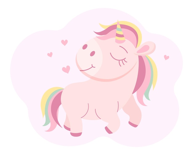 Vector lindo unicornio mágico con melena de arco iris y cola de arco iris enamorado vector de postal de ilustración de bebé