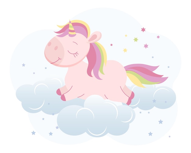 Lindo unicornio mágico en las nubes en el cielo con luna y estrellas Vector de postal de ilustración de bebé