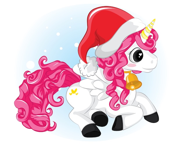 Lindo unicornio mágico de Santa con sombrero de santa y campana de oro. Elemento gráfico para el día de navidad.