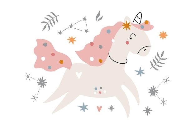 Lindo unicornio mágico Vector ilustración dibujada a mano Hermoso animal de dibujos animados de fantasía Ideal para niños fiesta tarjetas de felicitación invitaciones ropa imprimir