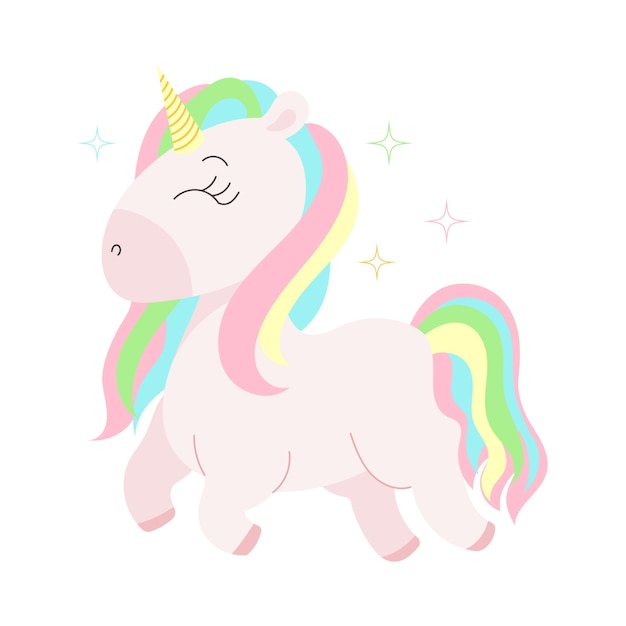 Lindo unicornio con melena de arco iris y cola de arco iris Vector de postal de ilustración mágica para niños