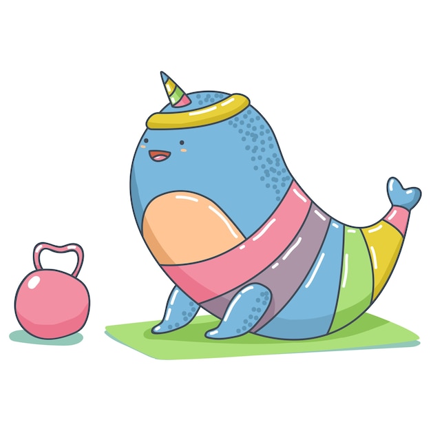 Lindo unicornio narval con peso haciendo ejercicio de fitness y yoga vector personaje animal de dibujos animados aislado en un espacio en blanco.