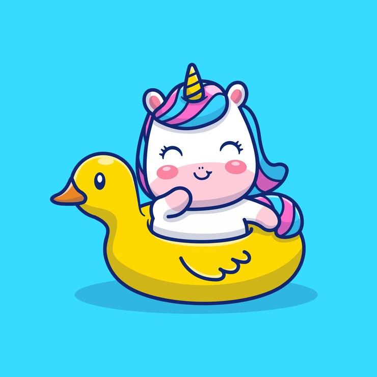 Vector lindo unicornio natación ilustración. personaje de dibujos animados de mascota unicornio. concepto animal aislado