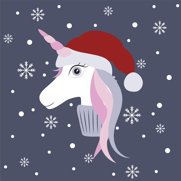 Vector lindo unicornio navideño con sombrero de papá noel