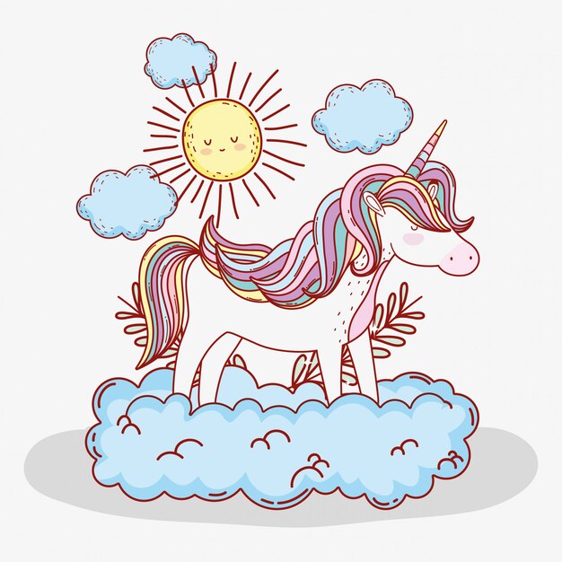 Lindo unicornio en la nube con hojas de sol y plantas