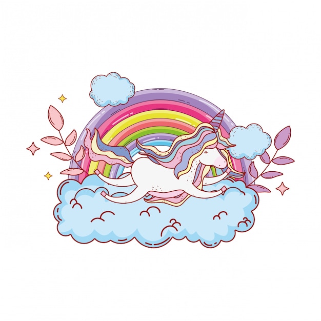 lindo unicornio con nubes y arcoiris