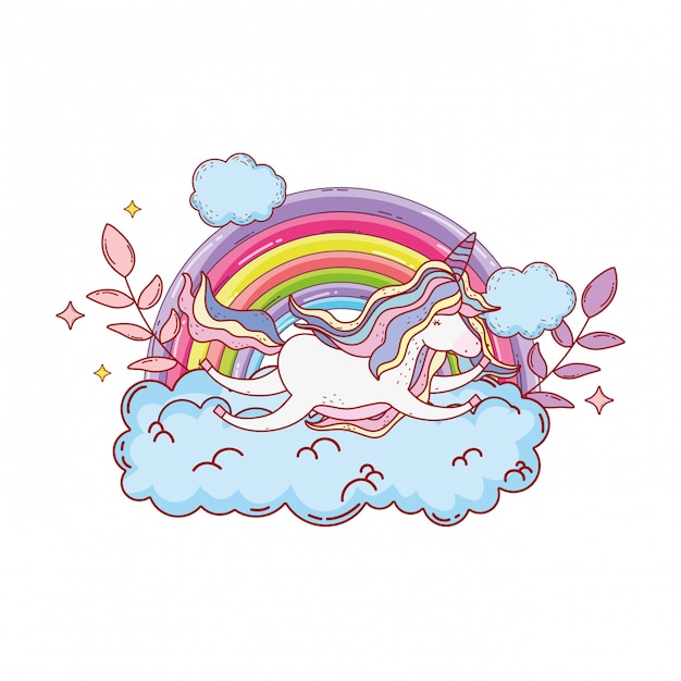 Lindo unicornio con nubes y arcoiris