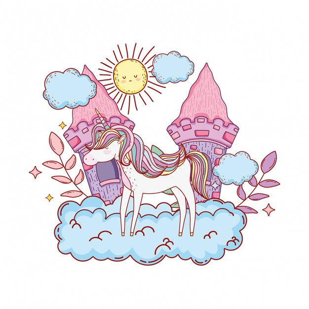 Lindo unicornio con nubes y castillo