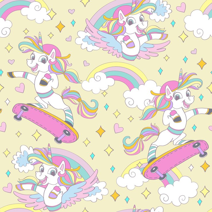 Vector el lindo unicornio en una patineta con patrón vectorial sin costuras ilustración
