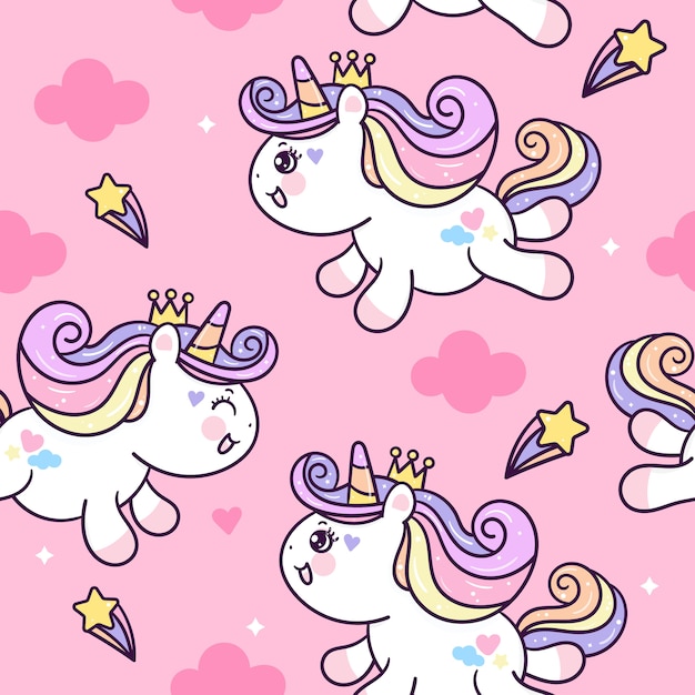 Lindo unicornio de patrones sin fisuras en las nubes.