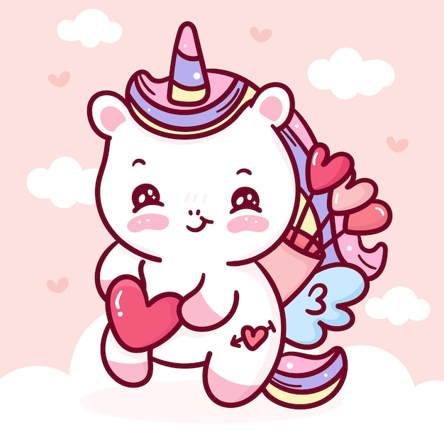 Lindo unicornio pegaso cupido dibujos animados kawaii animal para el día de san valentín