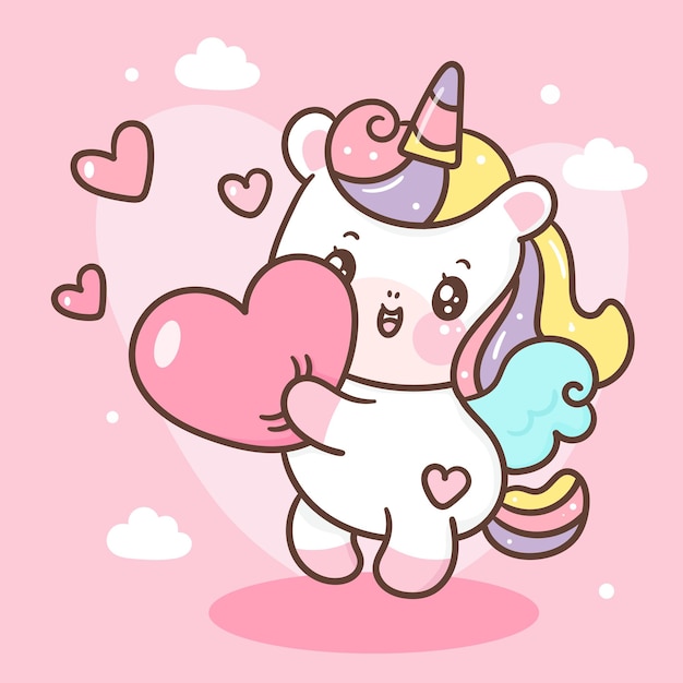 Lindo unicornio pegaso dibujos animados abrazo corazón estilo kawaii