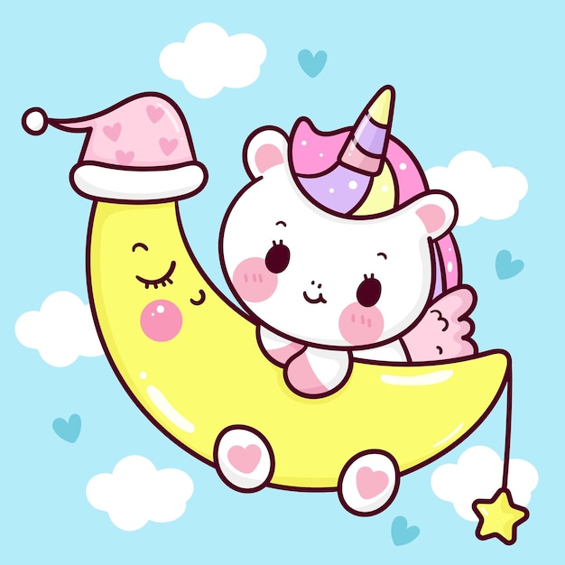 Vector lindo unicornio pegaso duerme en la luna animal kawaii