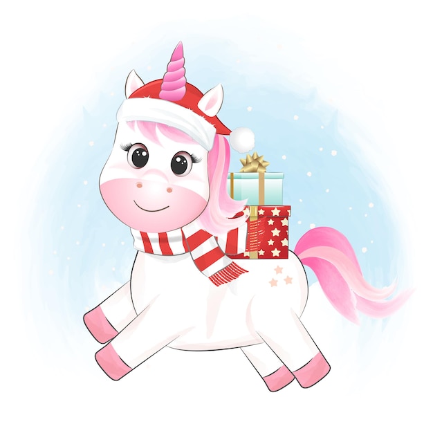 Lindo unicornio pequeño y caja de regalo ilustración de temporada navideña