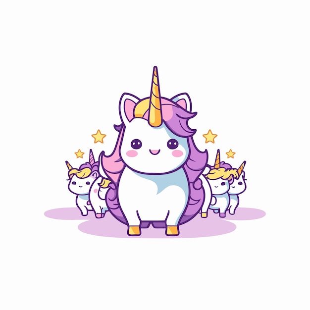 Lindo unicornio con pequeños unicornios y varita mágica diseño de ilustración vectorial
