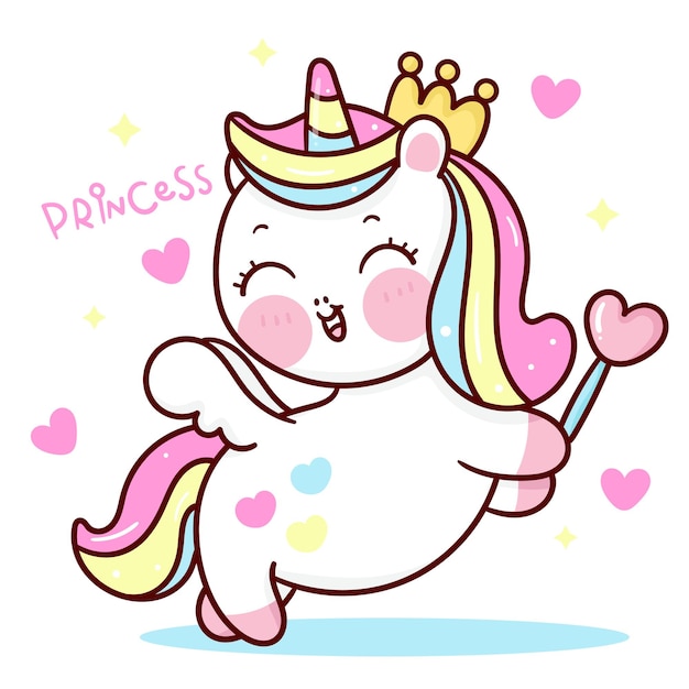 Lindo unicornio princesa pegaso dibujos animados con corazón varita mágica kawaii animal