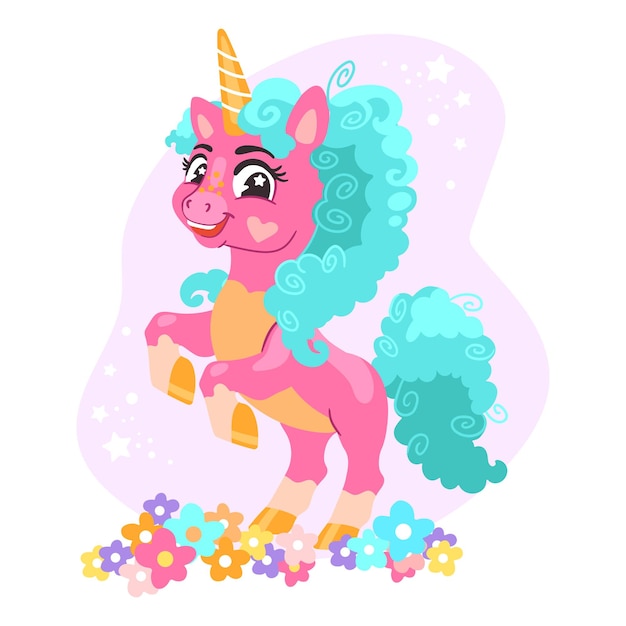 Lindo unicornio rosa brillante feliz con crina turquesa Ilustración vectorial en estilo de dibujos animados para impresión y decoración niños ropa telas recuerdos pegatinas personaje aislado sobre fondo blanco