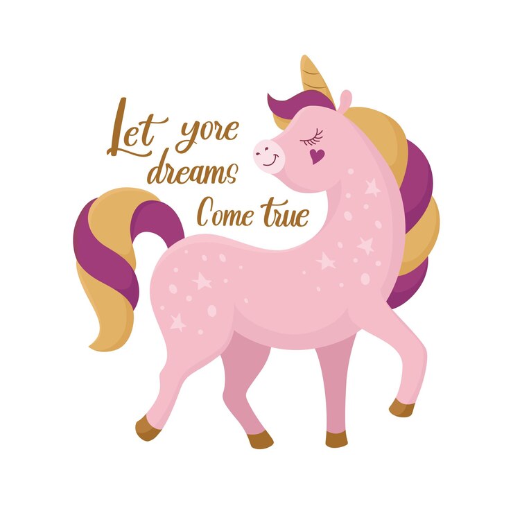Lindo unicornio rosa feliz. Rotulación Deje que sus sueños se hagan realidad. Tarjeta de felicitación, impresión para taza, ropa y camiseta. Ilustración de vector EPS10.