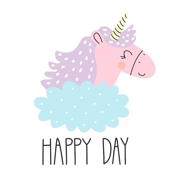 Lindo unicornio rosa con letras FELIZ DÍA. ilustración vectorial