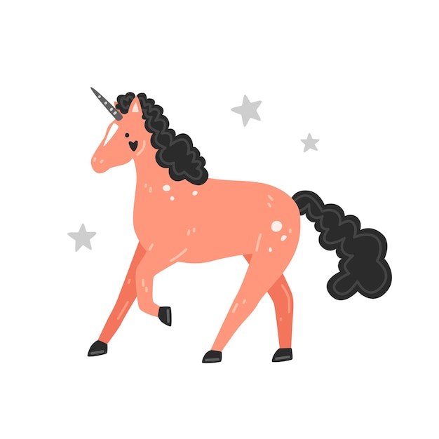 Lindo unicornio rosa con melena negra en estilo de dibujos animados. ilustración vectorial plana