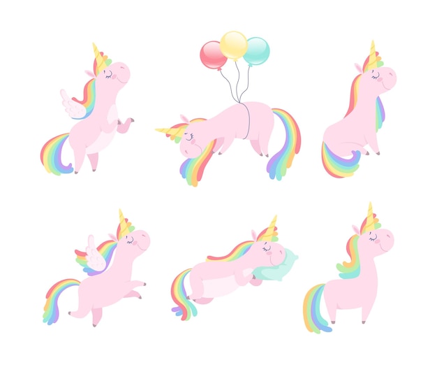 Lindo unicornio rosado con cuerno retorcido y conjunto vectorial de melena de arco iris
