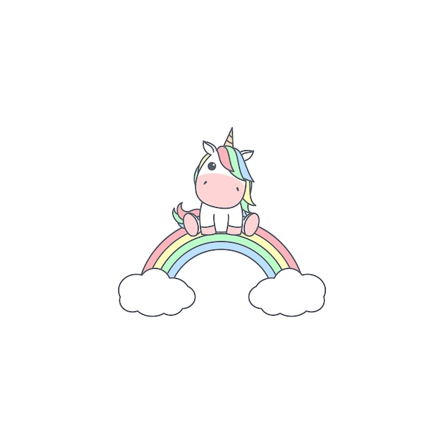 Lindo unicornio sentado en una ilustración de vector de dibujos animados de arco iris pastel