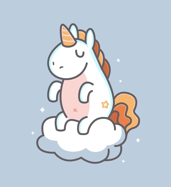 Lindo unicornio sentado en la nube