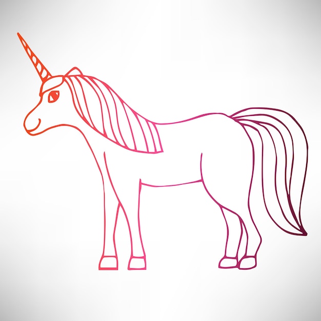 Lindo unicornio sonriente de cuerpo entero dibujado a mano en perfil de contorno de línea delgada colorido